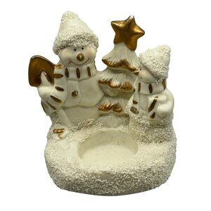 Ceramic Snowman & Tree Candle Holder Figurine Christmas decor 4" READ